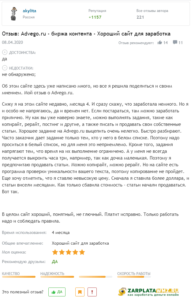 Отзыв о выполнении заданий на Advego